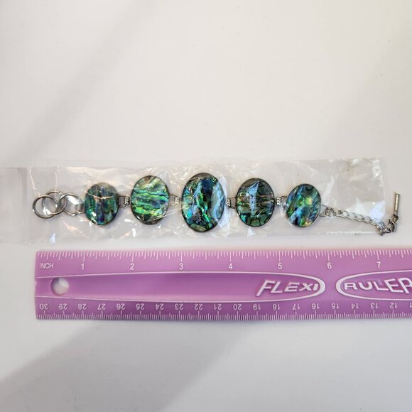 NIB Genuine Abalone Shell Inlay Toggle Bracelet & Earrings Stainless Set - Picture 16 of 16